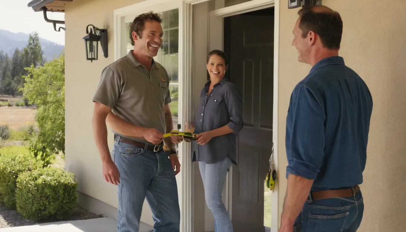 Friendly garage door provider measuring the opening of a stucco ranch home garage in Concord